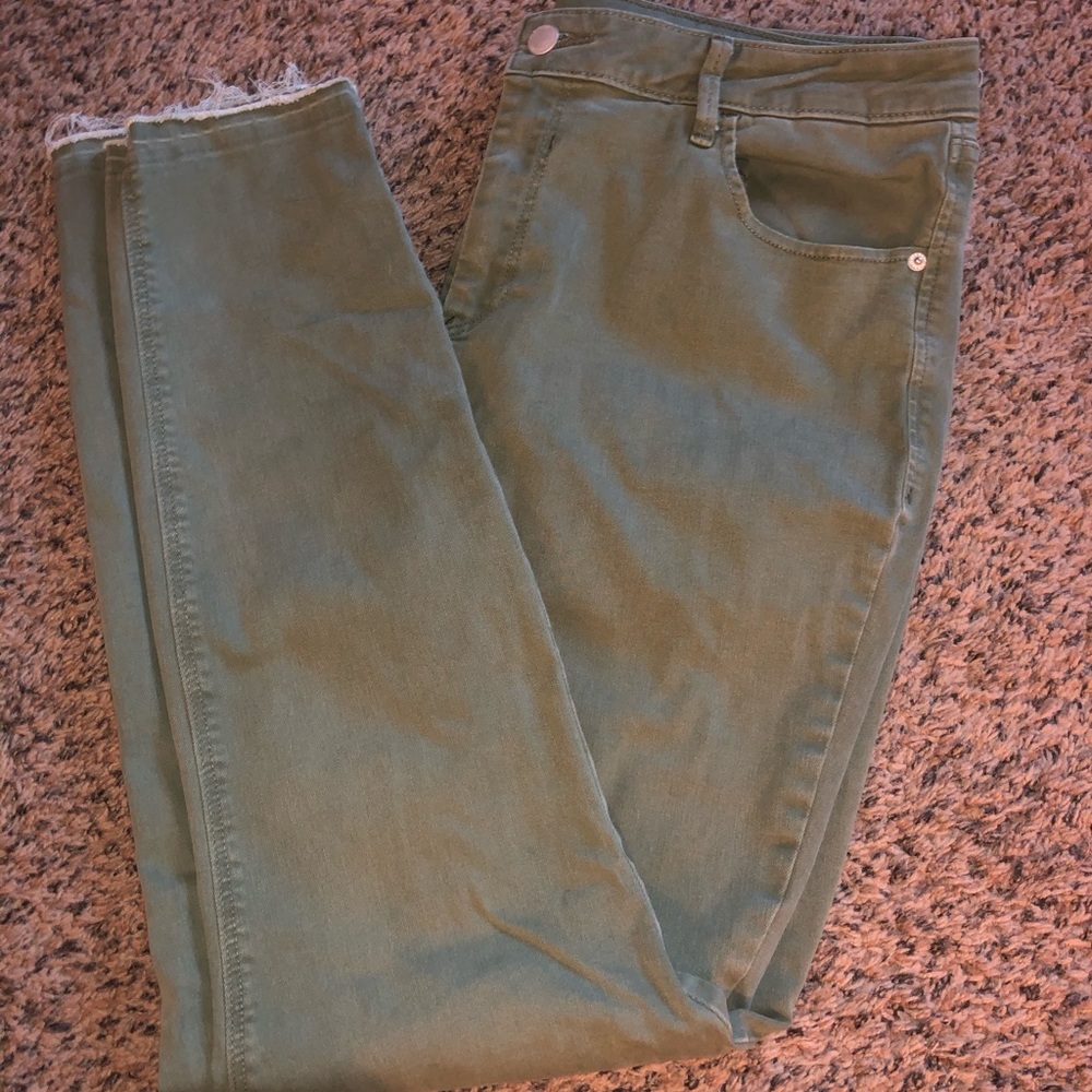 Green Raw Hem Skinny Jeans